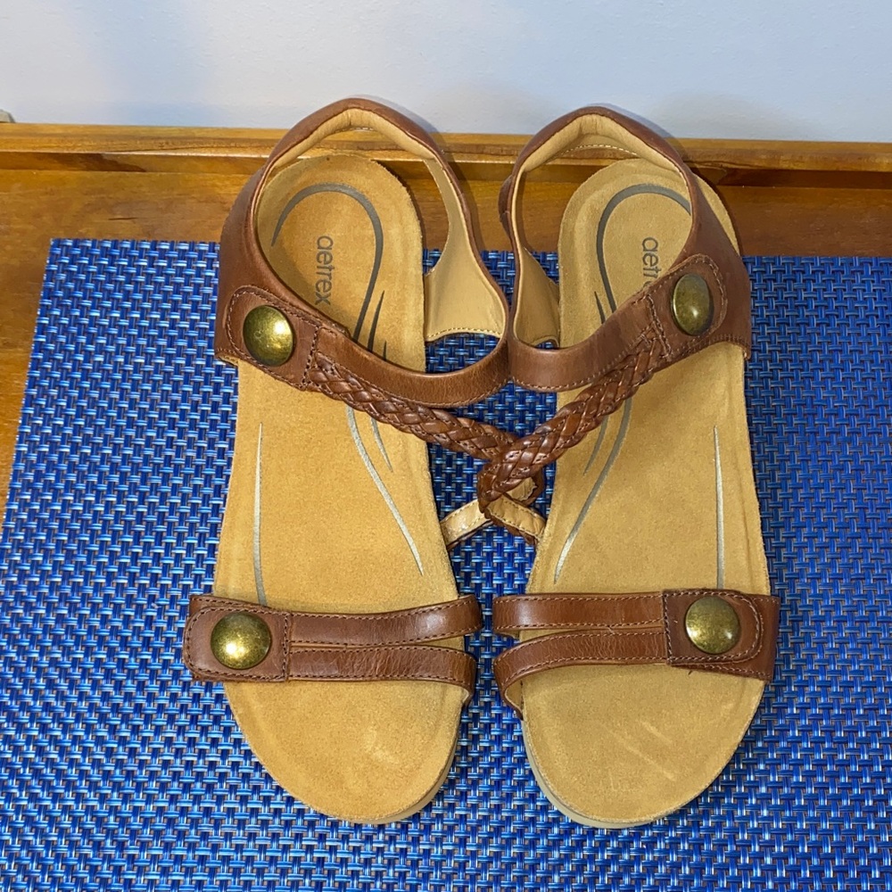 Aetrex Avril Orthopedic Platform Quarter Strap Low Heel Wedge Sandals- Leather